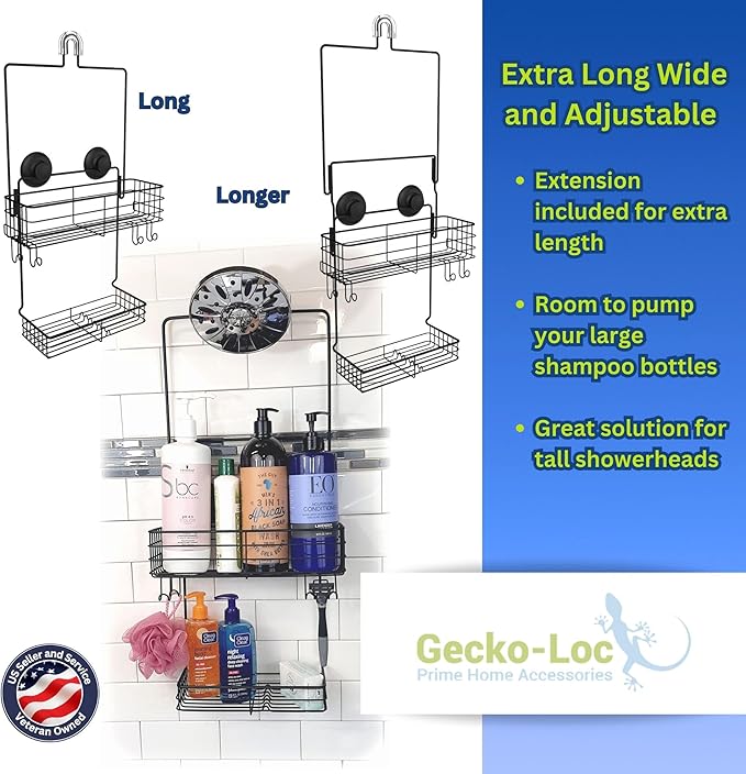 Gecko-Loc Extra Long Wide Adjustable Length over the showerhead hanging shower caddy organizer - for Shampoo, Soap, & Razors - Black