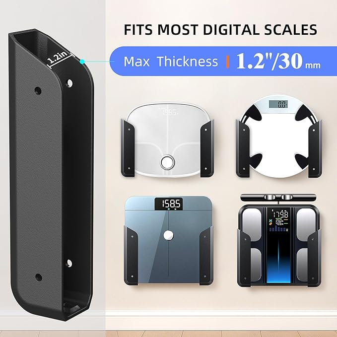 ELETIUO Wall-Mounted Scale Holder with Adhesive &Screws -Fits Most Digital Scales (Up to 1.2"/30mm Thick),Anti-Slip Silicone Pads,Space-Saving Bathroom/Bedroom Organizer-Easy to Install, Black