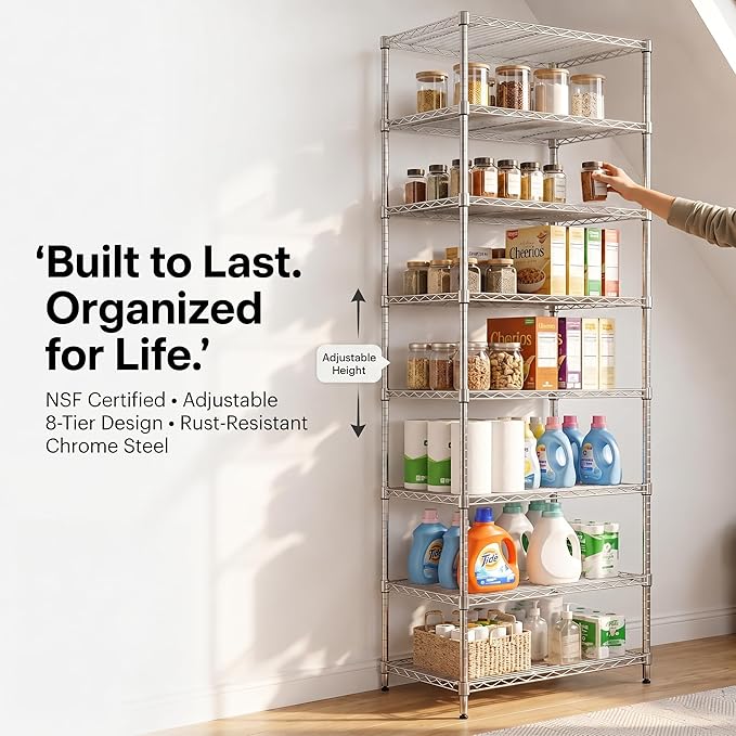 Finnhomy Heavy Duty 8 Tier Wire Shelving, 24x24x80.3 inches 8 Shelves Storage Rack with Thicken Steel Tube, Pantry Shelves for Storage, Adjustable Metal Shelving Unit, NSF Certified, Chrome