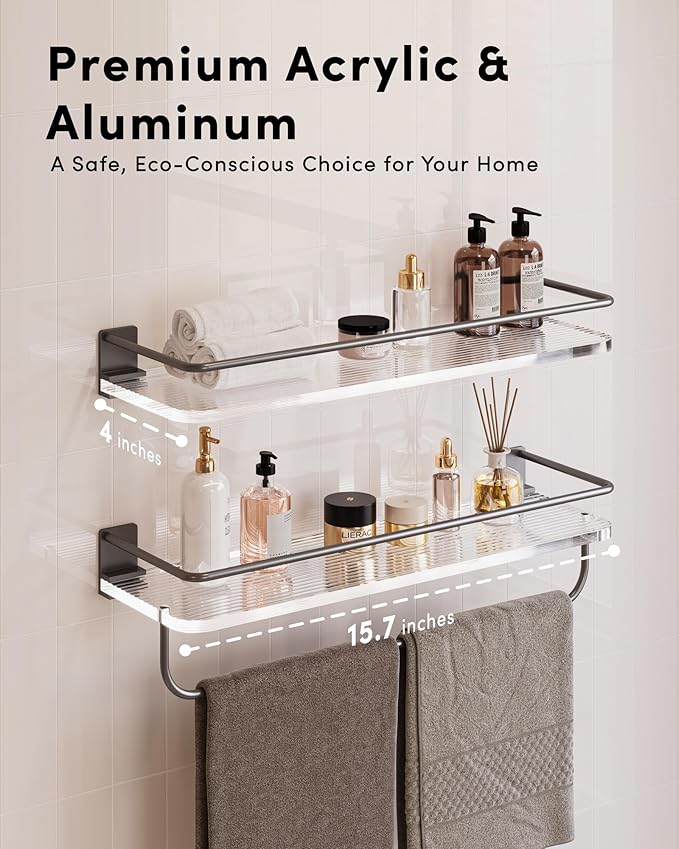 Onlysky Adhesive Bathroom Shelves, Acrylic Floating Bathroom Shelves, Rental Friendly Wall Shelf No Drill(Grey, 15.7 Inches)