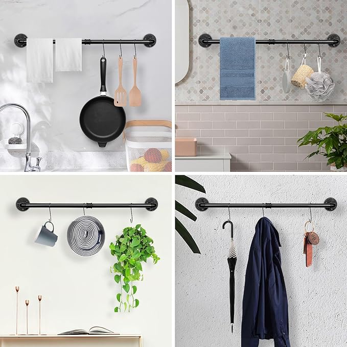 Industrial Pipe Towel Rack Towel Bar, Heavy Duty Wall Mounted Rustic Farmhouse Bath Towel Holder for Bathroom (Black, 28 inch)