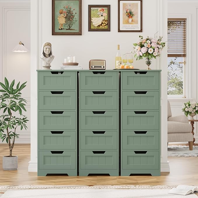 FOTOSOK Bathroom Cabinet, Bathroom Storage Cabinet with 5 Drawers, Wooden Storage Cabinets with Cut-Out Handles, 11.8” x 15.7” x 40.1” Bathrooms Floor Cabinets for Hallway/Living Room, Green