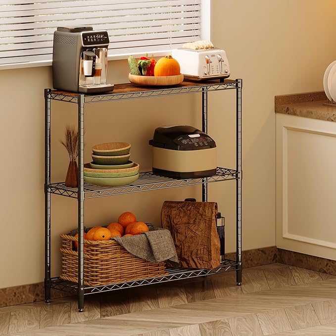 Homeiju 3-Tier Storage Rack, 29.8" Wide Heavy Duty Metal Shelving Unit, Top Tier with Removable Wood Board, 200 lbs Capacity per Shelf, for Pantry, Bathroom, Garage, Entryway, Plant Stand