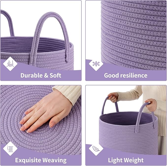 Laundry Basket Hamper Tall Rope Storage Woven for Blanket toys Dirty Clothes in Living Room Bathroom Bedroom (Purple, 100L/26.4Gal)