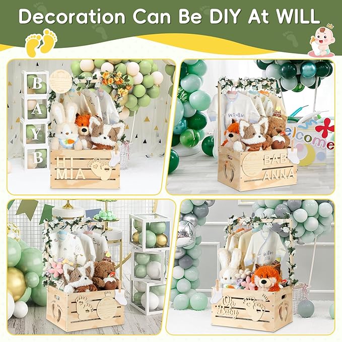 Wooden Baby Shower Crate Closet, Personalized Baby Gift Basket with Hangers, New Born Girl Boy Large Clothes Storage Box for Baby Shower for Pregnancy New Mom Parent