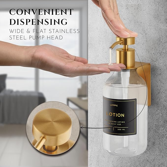 Shower Shampoo Dispenser Wall Mounted – 3 Refillable 16.9 oz Clear Bottles with Stainless Steel Pumps & No-Drill Adhesive Holders – Soap Dispenser Set for Bathroom (3 X Clear/Gold)