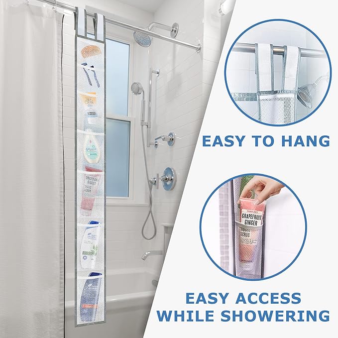 Skywin 7 Pockets Hanging Shower Curtain Liner Caddy 60 x 6 Inches - 100% Polyester Mesh Shower Caddy Hanging - Shower Organizer for Shower Rod or Door - Quick Dry Fabric with Adjustable Velcro Strap