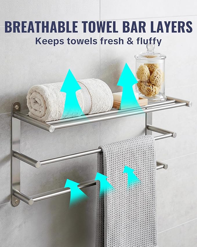 Bathroom Towel Rack Wall Mounted: 24 Inch Brushed Nickel Towel Rack with Double Towel Bar - SUS304 Stainless Steel Bath Towel Holder with Shelf for Hotel Lavatory
