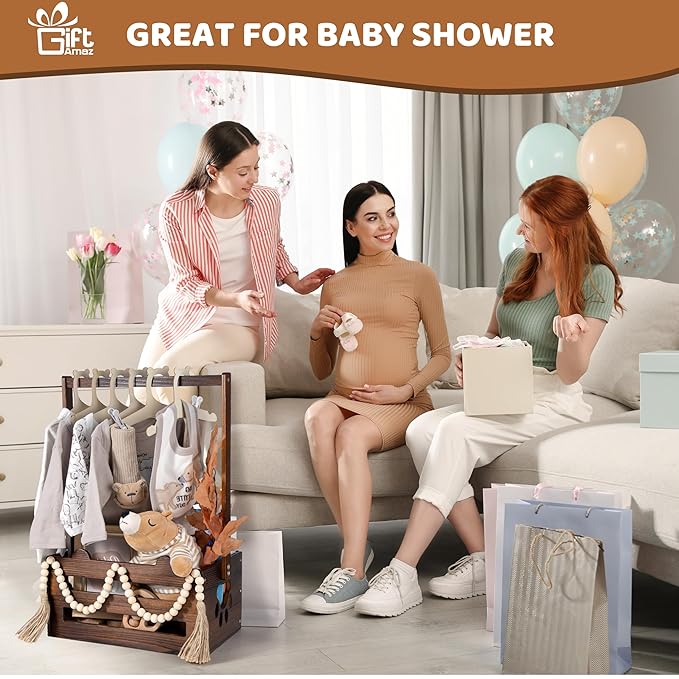GiftAmaz Brown Wooden Baby Shower Crate Closet, Baby Storage Crate with Handle, Baby Shower Gifts Basket, Baby Welcome Box for Newborn Boys Girls, Pregnancy Gifts for New Parents