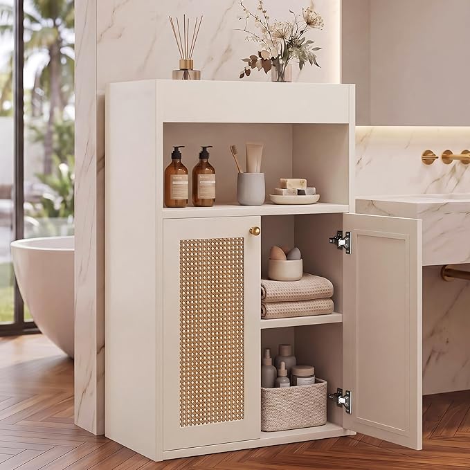 Bathroom Storage Cabinet, Rattan Freestanding Floor Organizer with Anti-Tip Devices and Adjustable Shelf, Small Cabinet for Bathroom, Kitchen, Living Room, White