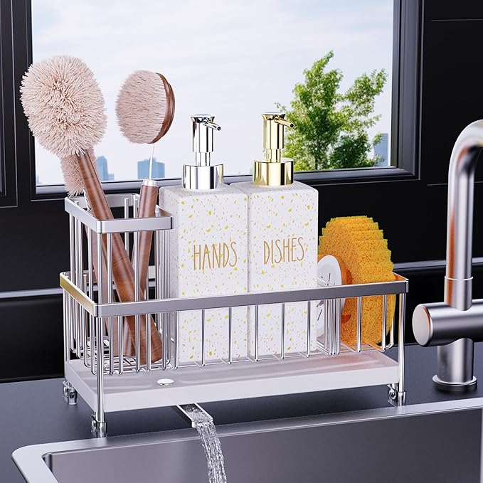 Cisily Kitchen Soap Dispenser Set with Sink Caddy, Glass Bottle, Hand and Dish Soap Dispenser Set with Sponge Holder (White Bottles + Silver Sponge Holder)