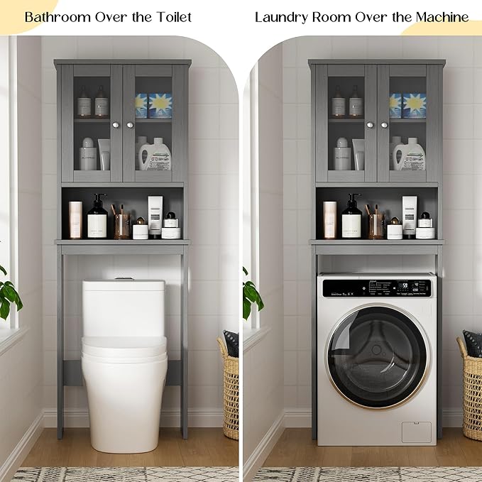 Nuturelly Over The Toilet Storage Cabinet, Bathroom Storage Organizer with Adjustable Shelves and Double Glass Doors, Freestanding Above Toilet Storage with Open Shelf, Wooden Toilet Rack(Gray)