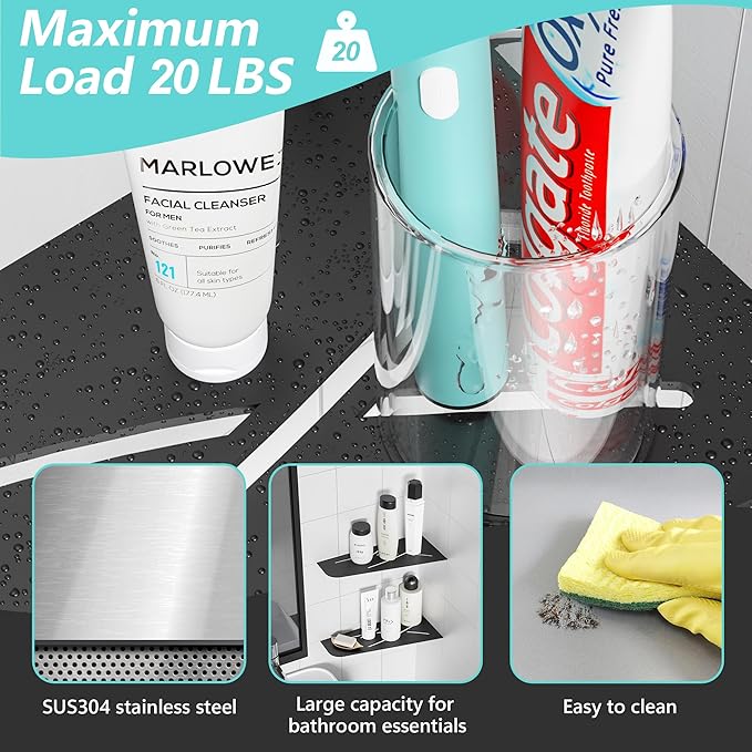 Qeke Shower Corner Shelf 304 Stainless Steel 12" Corner Shelf Bathroom Shampoo Holder for Shower Floating Corner Shelf for Wall, No Drilling, Matte Black, 2 Pack