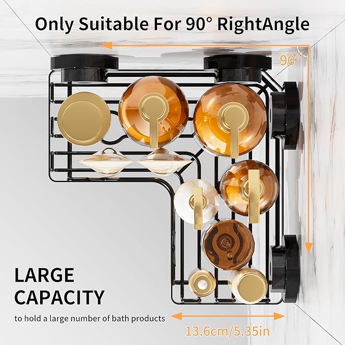 KEGII 5 Pack Corner Shower Caddy Suction Cup, Large Capacity Bathroom Organizer with Soap Dish & Toothbrush Holder, No Drilling Stainless Steel Wall Mounted Shower Storage, Black