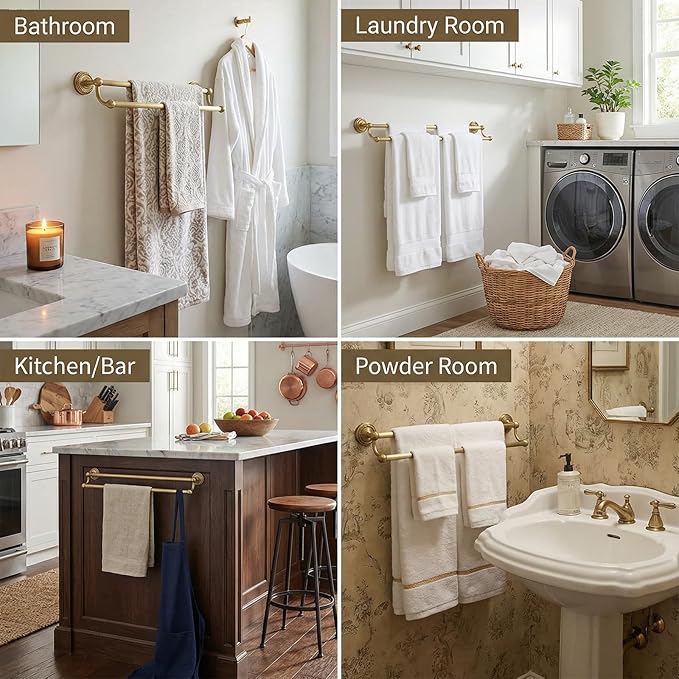 Double Towel Bar, Antique Brass Bathroom Towel Racks Wall Mounted, Adjustable Vintage Gold Towel Bar 13.4-24.8 Inch Usable Bar Length, Heavy Duty Rustproof Brass Towel Rod Holder for Bath