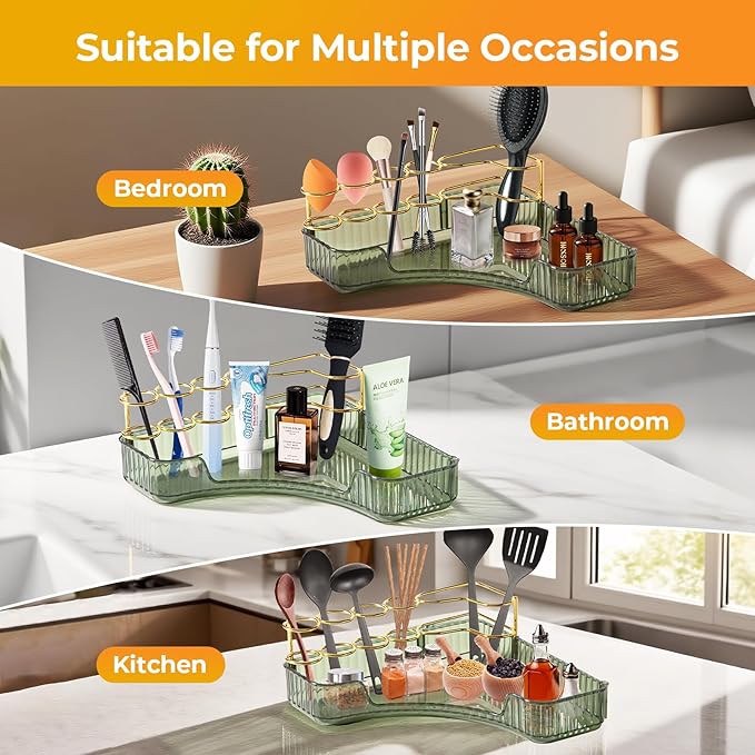 Toothbrush Holder Makeup Organizer for Vanity, 1-Tier Corner Bathroom Organizer Countertop with Makeup Brush Holder, Corner Counter Storage for Bathroom Dresser- Green