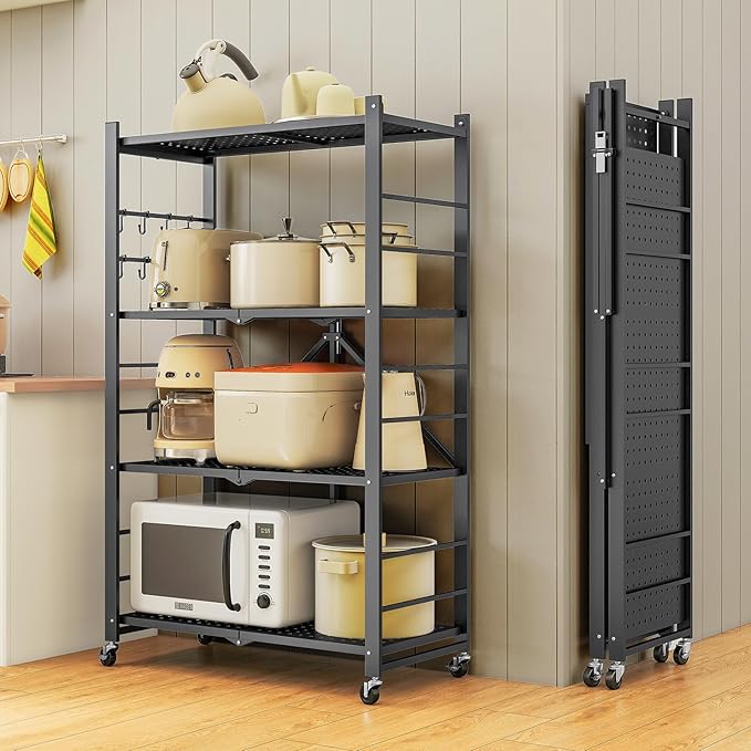 4-Tier Folding Metal Storage Shelf with Wheels & Hooks, Heavy Duty No-Assembly Collapsible Utility Rack for Kitchen, Garage, Office, Living Room – 600 lbs Capacity(Black, 4-Tier)