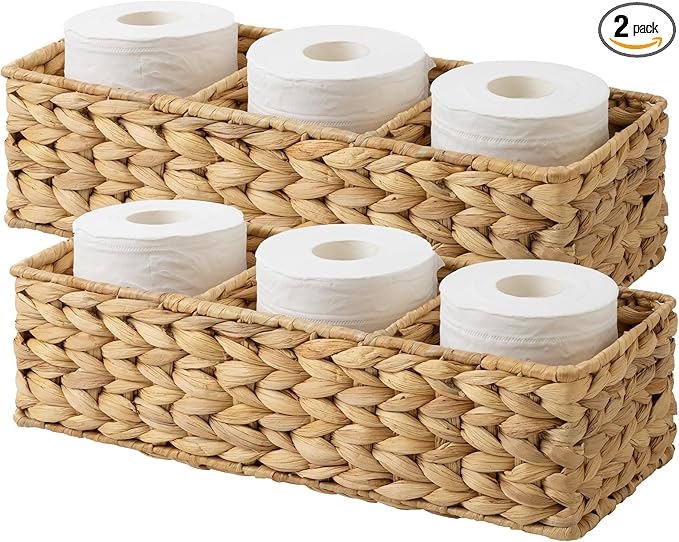 StorageWorks Toilet Paper Basket for Back of Toliet, Toilet Tank Basket with 3 Large Compartments, Water Hyacinth Toilet Paper Storage Baskets, 17¼" x 6" x 4¼", 2-Pack
