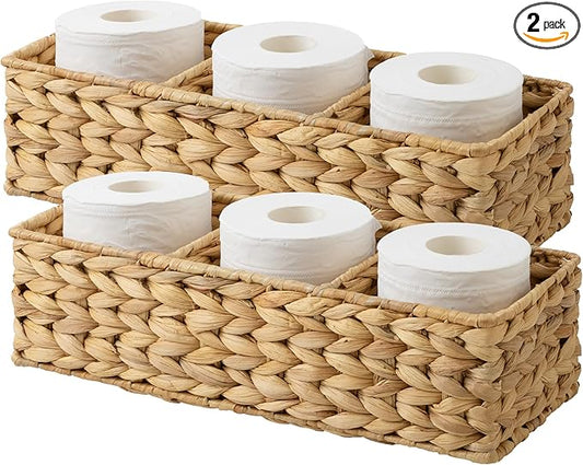 StorageWorks Toilet Paper Basket for Back of Toliet, Toilet Tank Basket with 3 Large Compartments, Water Hyacinth Toilet Paper Storage Baskets, 17¼" x 6" x 4¼", 2-Pack
