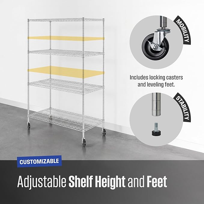 SafeRacks - NSF Certified Storage Shelves, Zinc, Heavy Duty Steel Wire Unit with Wheels and Adjustable Feet, Garage or Bakers Rack, Kitchen, Pantry Shelf - (24"x48"x72" 4-Tier) (Silver)