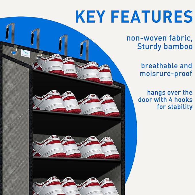 Over the Door Shoe Organizer, Large Shoe Rack for Door 10 Tiers, Heavy Duty Metal Hanging Hook for Shoe Storage, Space Saving Shoe Holder Fits All Family Heels Boots Sneakers - Dark Black