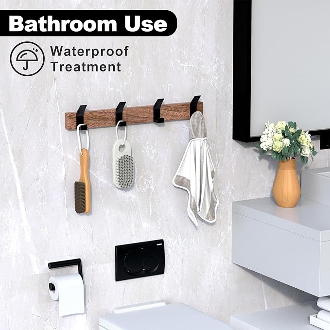 17 Inch Black Walnut Wood Wall Mounted Coat Rack with 4 Black L Hooks, Adhesive Mounted Entryway Hooks, Modern Natural Wooden Pegs for Hanging Coat Clothes Hat Bag Purse Key and Towel