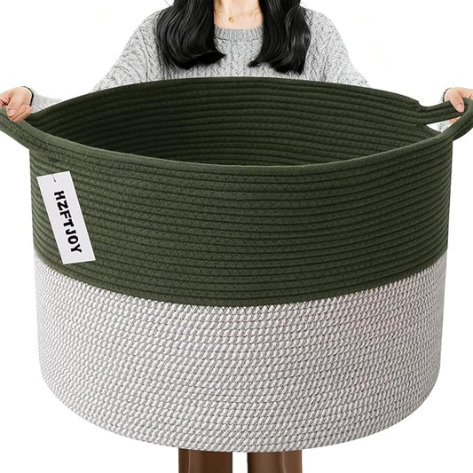 115L Extra Large Blanket Basket,Woven Rope Laundry Basket Hamper with Handles, Decorative Nursery Basket Storage Bin for Toys, Clothes Organizer, Living Room, Bedroom, Bathroom, Green&White