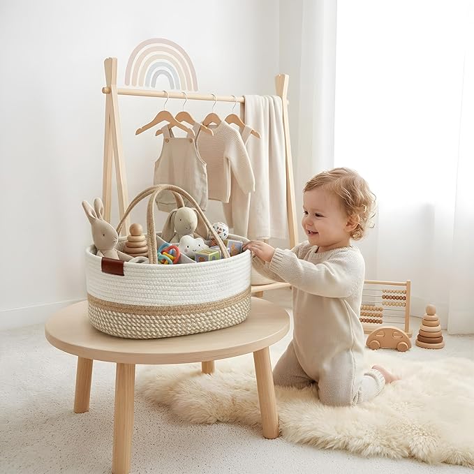 DECOMOMO Baby Caddy Organizer, Mother's Day Diaper Caddy Basket, Baby Baskets for Baby Shower (Spiral Beige & White, Large)