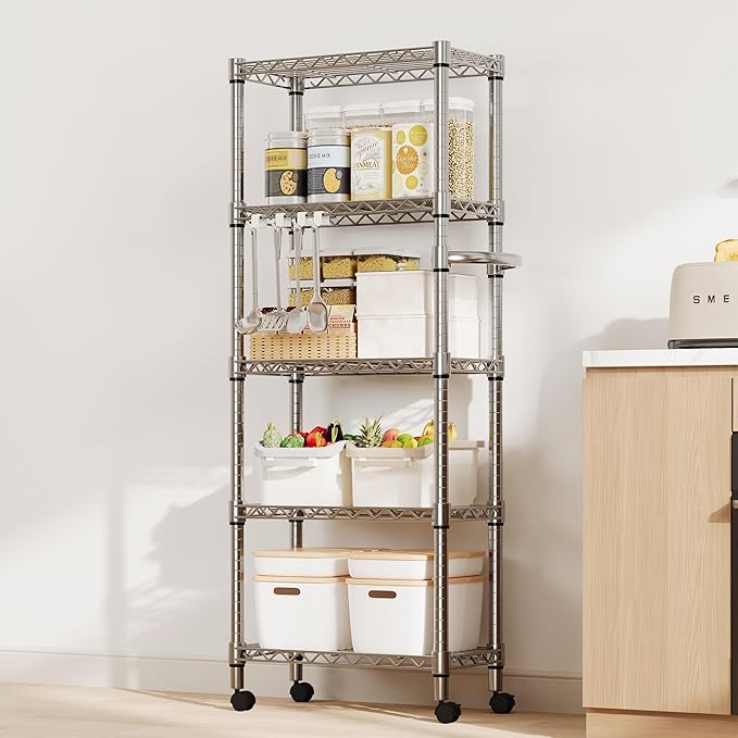 5-Tier Metal Wire Storage Rack with Lockable Wheels, Heavy Duty Shelving Unit Supports 1100 lbs, 61" Tall Rolling Organizer for Kitchen, Garage, or Bedroom