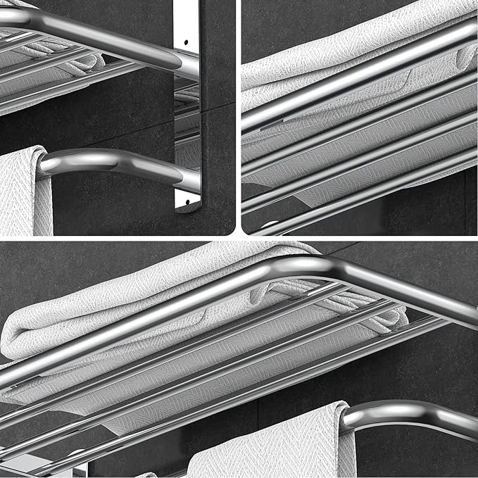 CAXIMSY 22.8Inch Towel Rack for Bathroom and Lavatory Towel Hanger with Wall Mount Towel Bars 304 Stainless Steel No Drill Tower Holder Shelf (Triple-Layered Towel Rack)