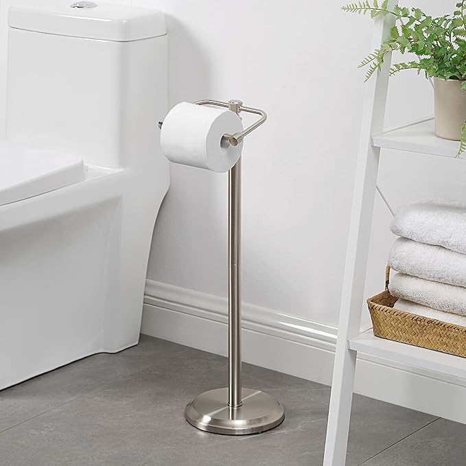 SunnyPoint Free Standing Toilet Paper Holder with Weighted Base, Bathroom Tissue Roll Stand, Holds Jumbo & Standard Rolls, Freestanding Toilet Paper Stand for Bathroom, Compact Storage Organizer (S.N)