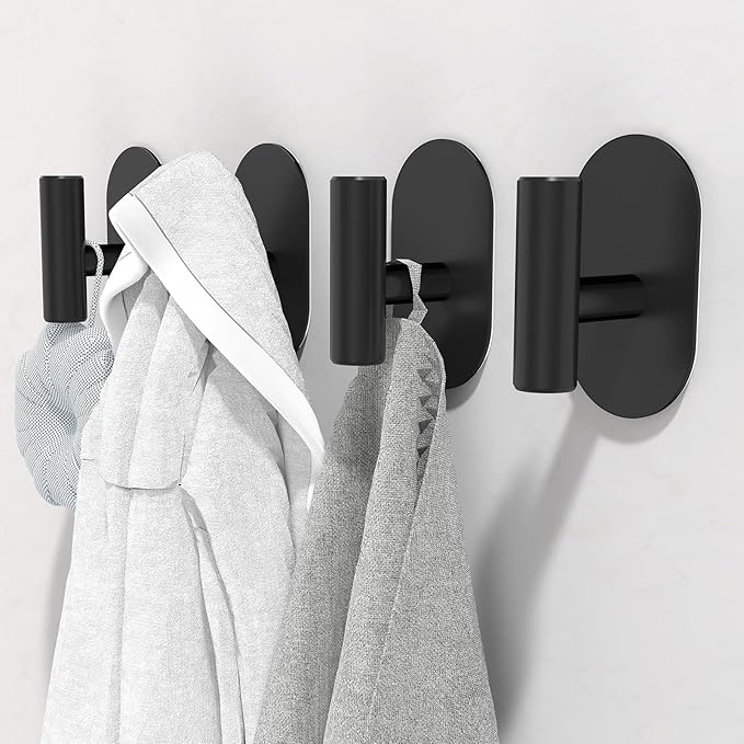 Aikzik Black Adhesive Hooks Heavy Duty, Wall Hooks for Shower, Bathroom, Towel, Coat, Robe, Stainless Steel Hooks for Hanging, Waterproof & Rustproof Sticky Hooks for Walls No Damage- 2 Pack