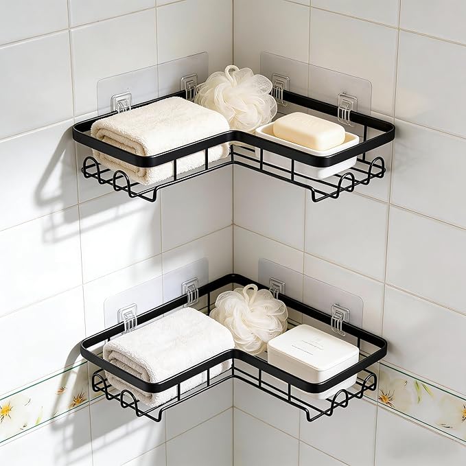 Shower Caddy 2 Pack, No Drilling Adhesive Bathroom Organizer Shelf Rack, Corner Shower Shelf with Hooks for Home Decor & Storage (Black)
