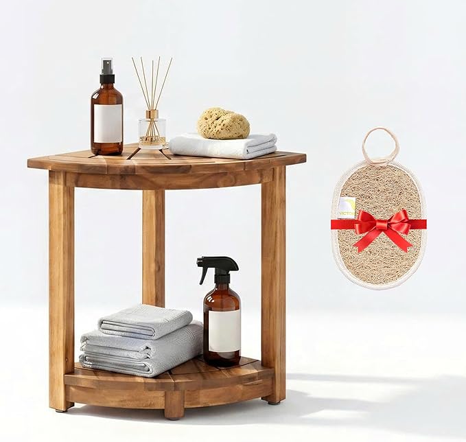 VICTORY RELAX Acacia Wood Corner Shower Shelf for Inside Shower – Waterproof Shower Bench & Foot Rest for Shaving Legs, Small Bathroom Spa Seat, Natural Color (17.9")
