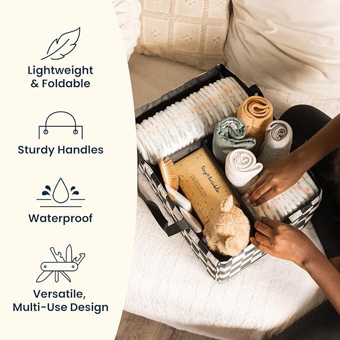 Tiny Twinkle Diaper Caddy Organizer | Foldable Baby Storage Basket with Removable Divider | Waterproof & Mess-Proof Fabric, Portable Nursery Organizer for Newborn Essentials (Beige Checkers)