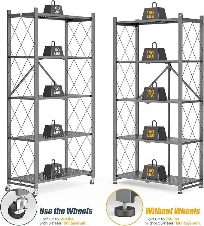 Folding Metal Storage Shelf 5 Tier with Wheels Heavy Duty Utility Rack Foldable Design 750lbs Capacity Adjustable Standing Shelf Organizer for Kitchen Garage Living Room(Gray-A, 5-Tier)