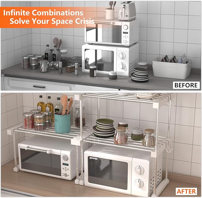 BLULEE Dual-Adjustable Cabinet Organizer Shelf,Expandable Width & Height Stackable Spice Rack with Snap-Lock,2-Tier Kitchen Organization and Storage for Under Sink,Countertop,Pantry,White,1Pack