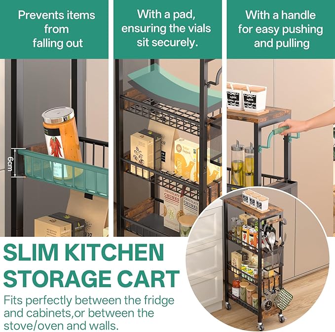 DTUQYX Slim Bathroom Storage Cart, 4 Tier Small Rolling Organizer Cabinet with Wood Top Handle, Mobile Shelving Unit Slide Out for Office, Kitchen, Laundry Room & Narrow Places (9.1" Overall Width)