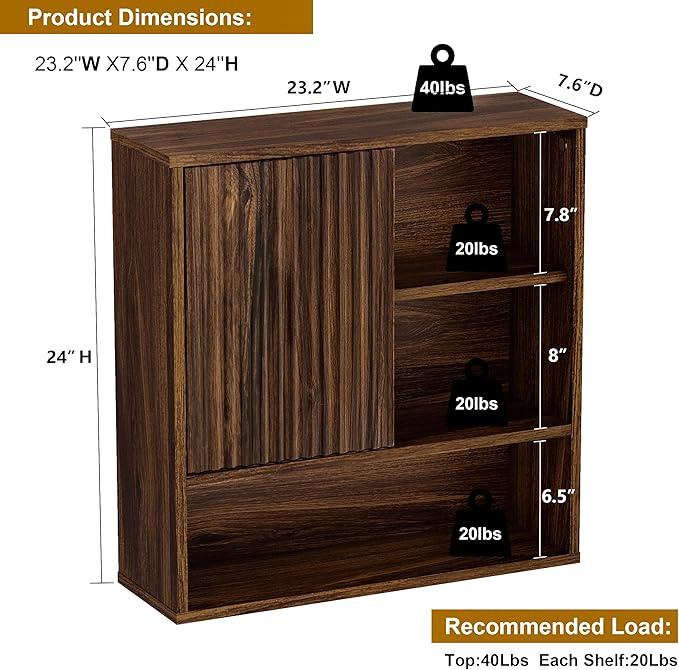 FerniTry Farmhouse Bathroom Wall Cabinet Fluted,Medicine Cabinet Over The Toilet Storage Cabinet with Adjustable Shelf, Wood Wall Mounted Storage Cabinet Organizer 23.2Wx24Hx7.6D (Dark Walnut, Medium)