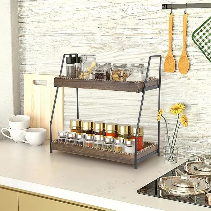 Gurfuy Bathroom Vanity Organizer 2-Tier Wood Countertop Storage Counter Shelf for Makeup Skincare Perfume Jewelry Tray Spice Rack Brown