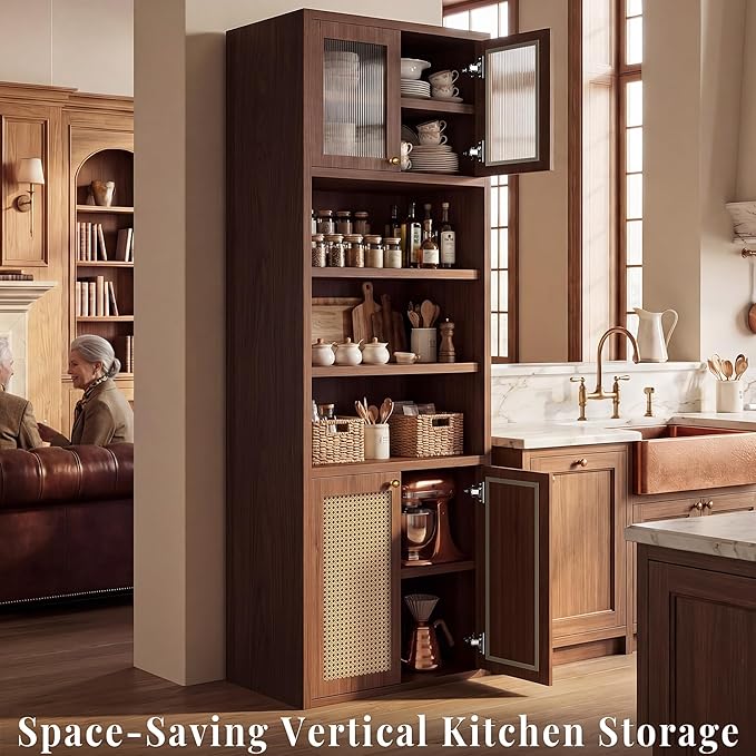 71.7" Tall Bathroom Storage Cabinet, Rattan Tall Freestanding Storage Cabinet with Doors, Adjustable Shelves and Anti-Tip Devices for Bathroom, Kitchen, Laundry Room, Walnut