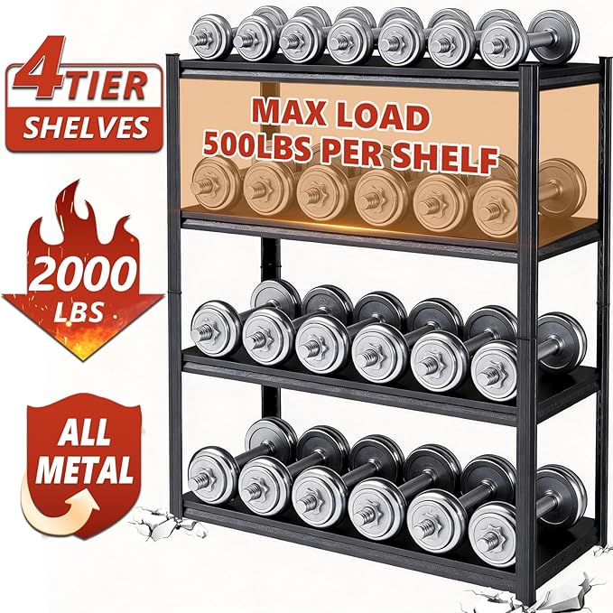Metal Garage Shelving Unit, Heavy Duty 4-Tier Adjustable Storage Rack, Steel Shelving, 2000 lbs Capacity, Industrial Shelves for Heavy Tools and Equipment (54" H x 40" W x 18" D)