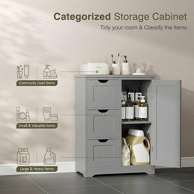 SUPER DEAL Bathroom Storage Cabinet with 3 Drawers and 1 Door, Entryway Home Decor Furniture Towels Storage Organizer Unit, Grey