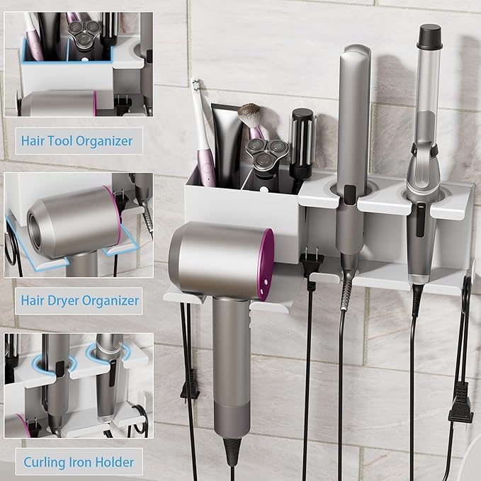 BOIVSHI Hair Dryer Holder, Hair Tool Organizer Wall Mount, Metal Blow Dryer Holder, Curling Iron Holder, Curling Iron, Hair Dryer Wall Mount, Bathroom Accessories Tools Organizer, White