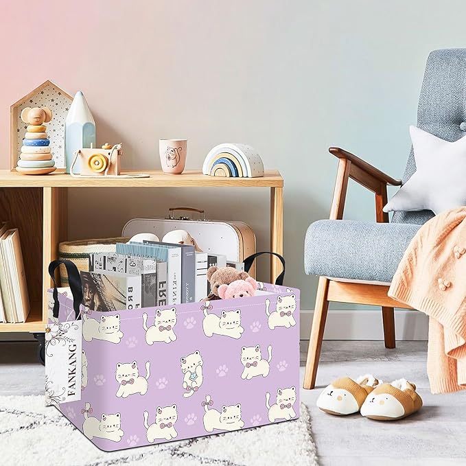 Storage Bins,Nursery Hamper Canvas Laundry Basket Foldable with Waterproof PE Coating Storage Baskets for Boys and Girls, Office, Bedroom, Clothes,Toys(Rec-Cat ）