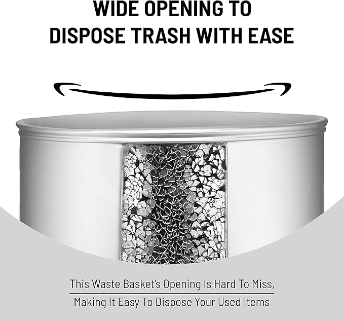 Zahari Home 2pc Sinatra Silver Modern Bath Accessories Set Waste Basket & Tissue Box Modern Classic Contemporary Decorative Beautiful Designs Bathroom Decor Set for Home Mosaic Glass