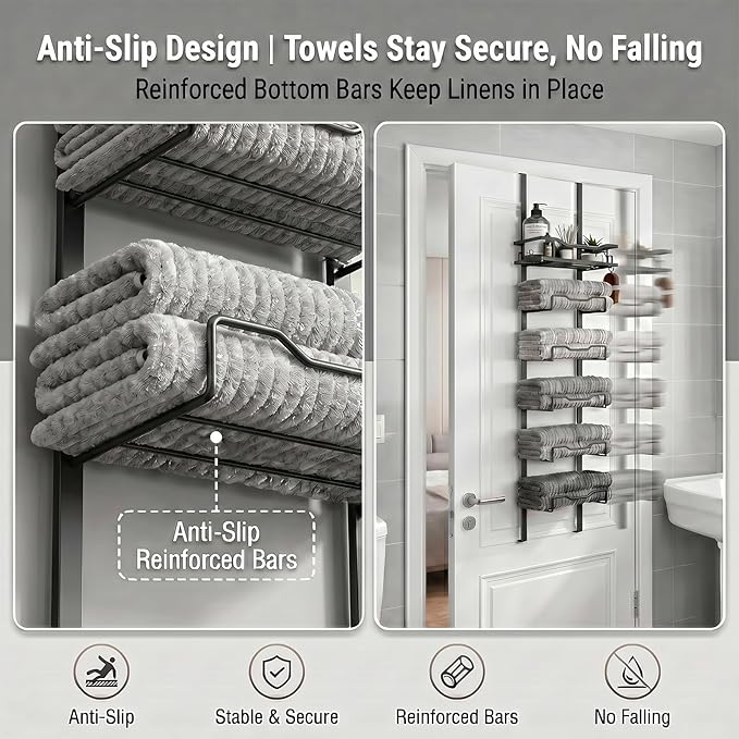 CTESNE【No Drill - 6-Tier】 Towel Racks for Bathroom The Door Bath Towel Storage Organizer for Small Bathrooms - Tiered Back of Door Towel Holder Hanger for Rolled Towels RV Camper(Black)
