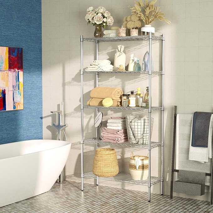 Auslar 5-Shelf Storage Shelves Heavy Duty 5 Tiers Standing Large Shelving Units Adjustable Metal Organizer Wire Rack, 14" x 36" x 72", Chrome