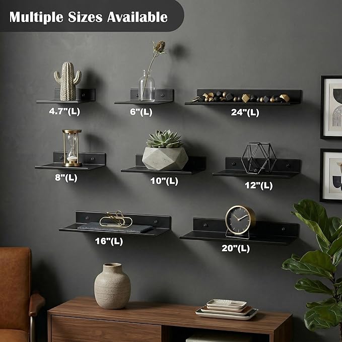 Z metnal Small Floating Shelves for Action Figures & Collectibles, No Drill Mini Metal Wall Display Shelf for Gaming Room & Bedroom Decor, Aluminum, 4.7", Black, 2 Pack