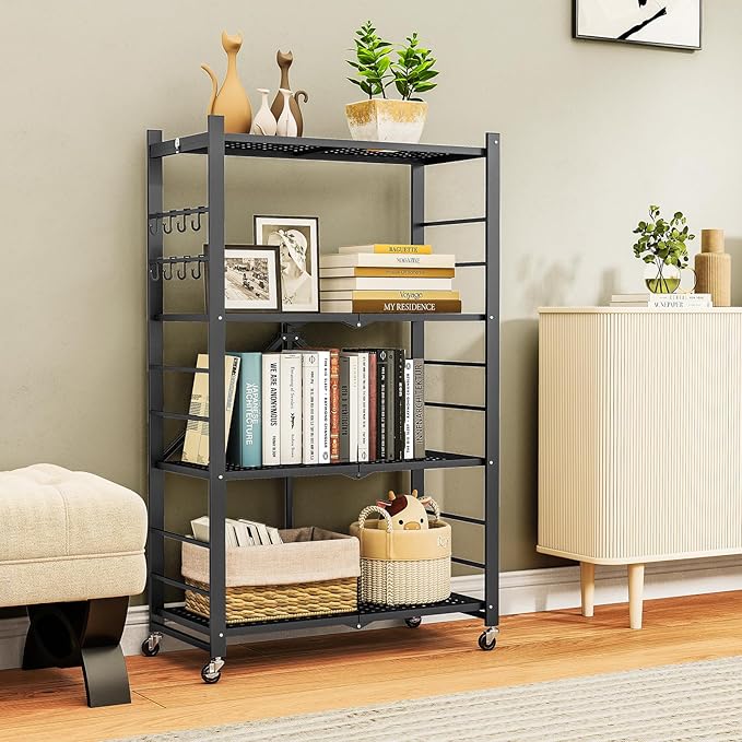 4-Tier Folding Metal Storage Shelf with Wheels & Hooks, Heavy Duty No-Assembly Collapsible Utility Rack for Kitchen, Garage, Office, Living Room – 600 lbs Capacity(Black, 4-Tier)